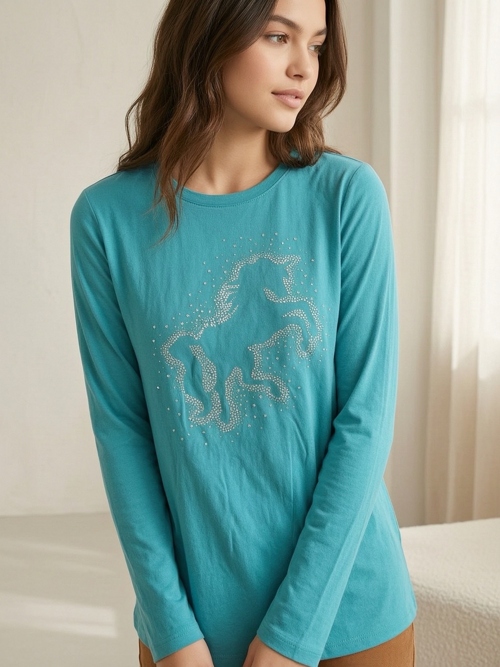 George Teal Long Sleeve Top with Rhinestone Horse